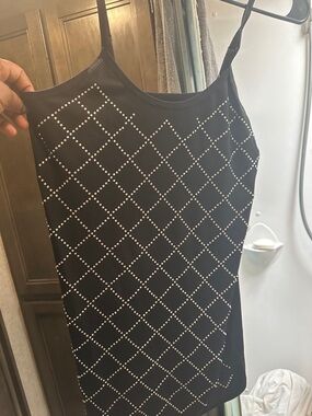Black Studded Slip Dress with Diamond Grid